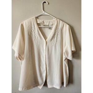 Kathie Lee Woman Ivory Floral Embroidered V-Neck Button Down Blouse Plus 22W 24W
